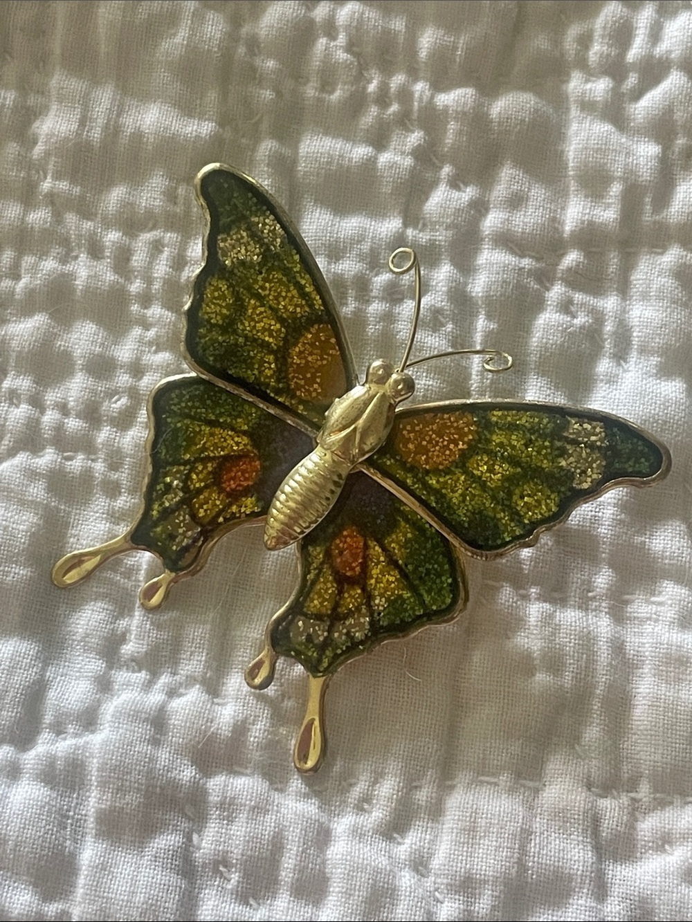 Gold Tone Green Enamel Butterfly Brooch